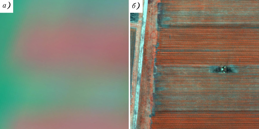 Разрешение спектральных снимков со спутника SPOT6 (a)  и беспилотного летательного аппарата eBee (б)